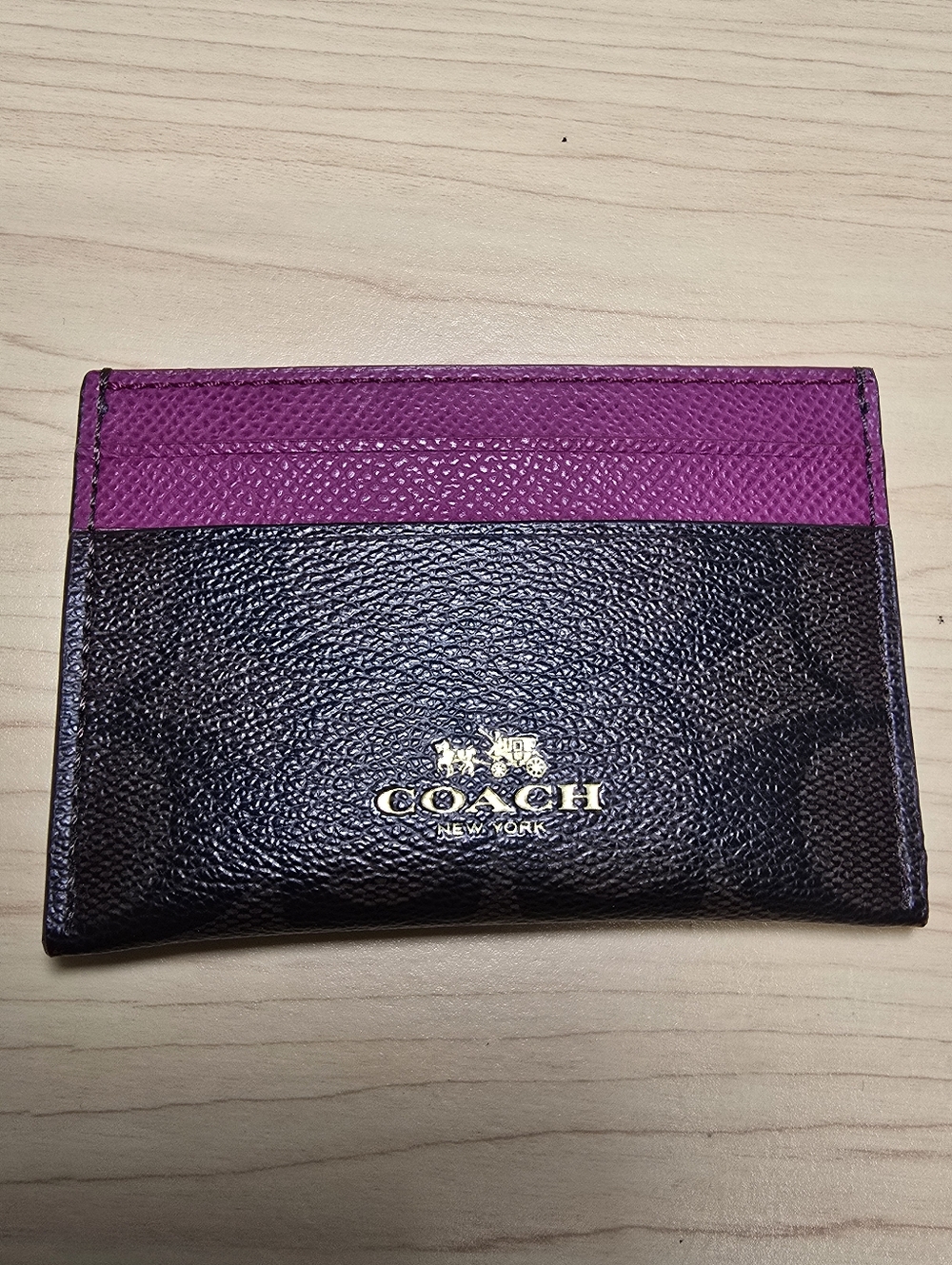 COACH F63279 Brown Black Signature PVC Card Case Magenta Leather Trim